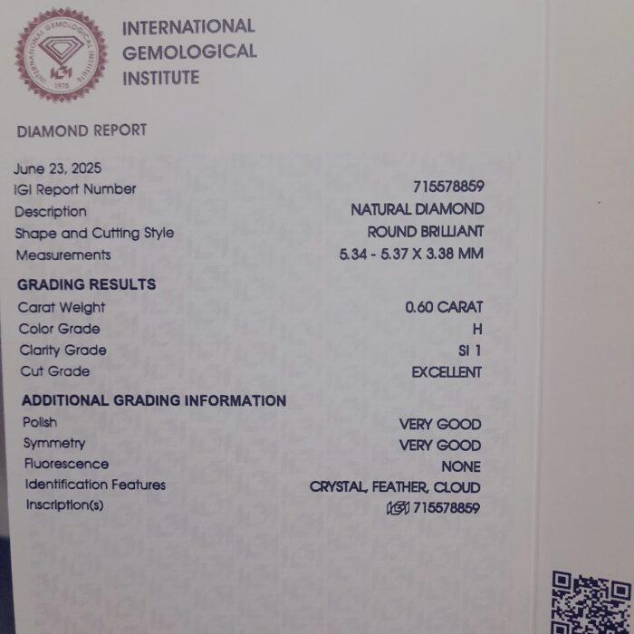 IGI Certified Natural Diamond 0.60 Carat H SI1 - Image 2