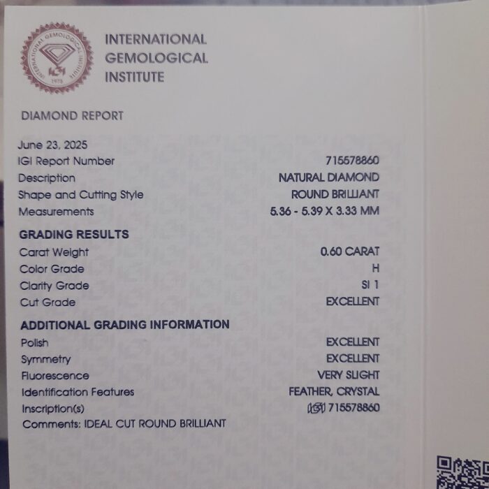 IGI Certified Natural Diamond 0.60 Carat H SI1 - Image 2