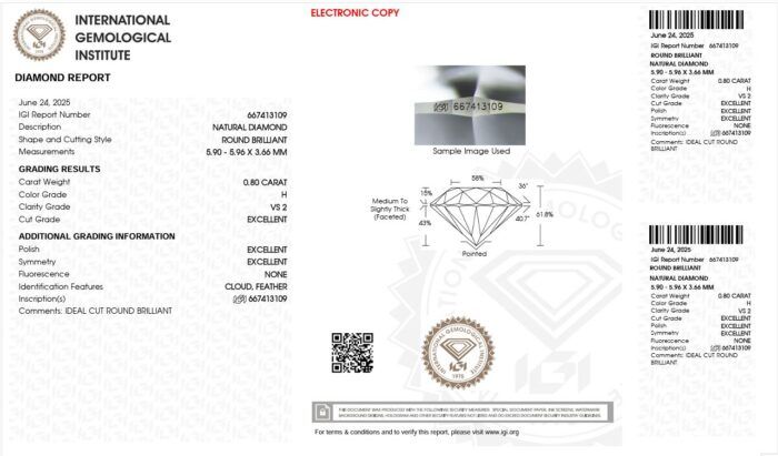 Natural Diamond 0.80 Carat H VS2 IGI Certified - Image 2