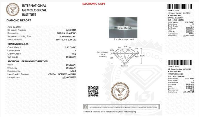 Natural Diamond 0.70 Carat H VS2 IGI Certified - Image 2