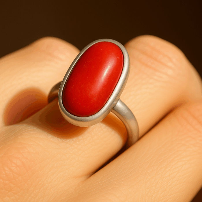 Red Coral 3 Red Coral Ovalish Capsule Sterling Silver Ring - Image 3