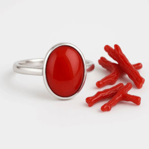 Red Coral Ovalish Capsule Sterling Silver Ring - Image 2
