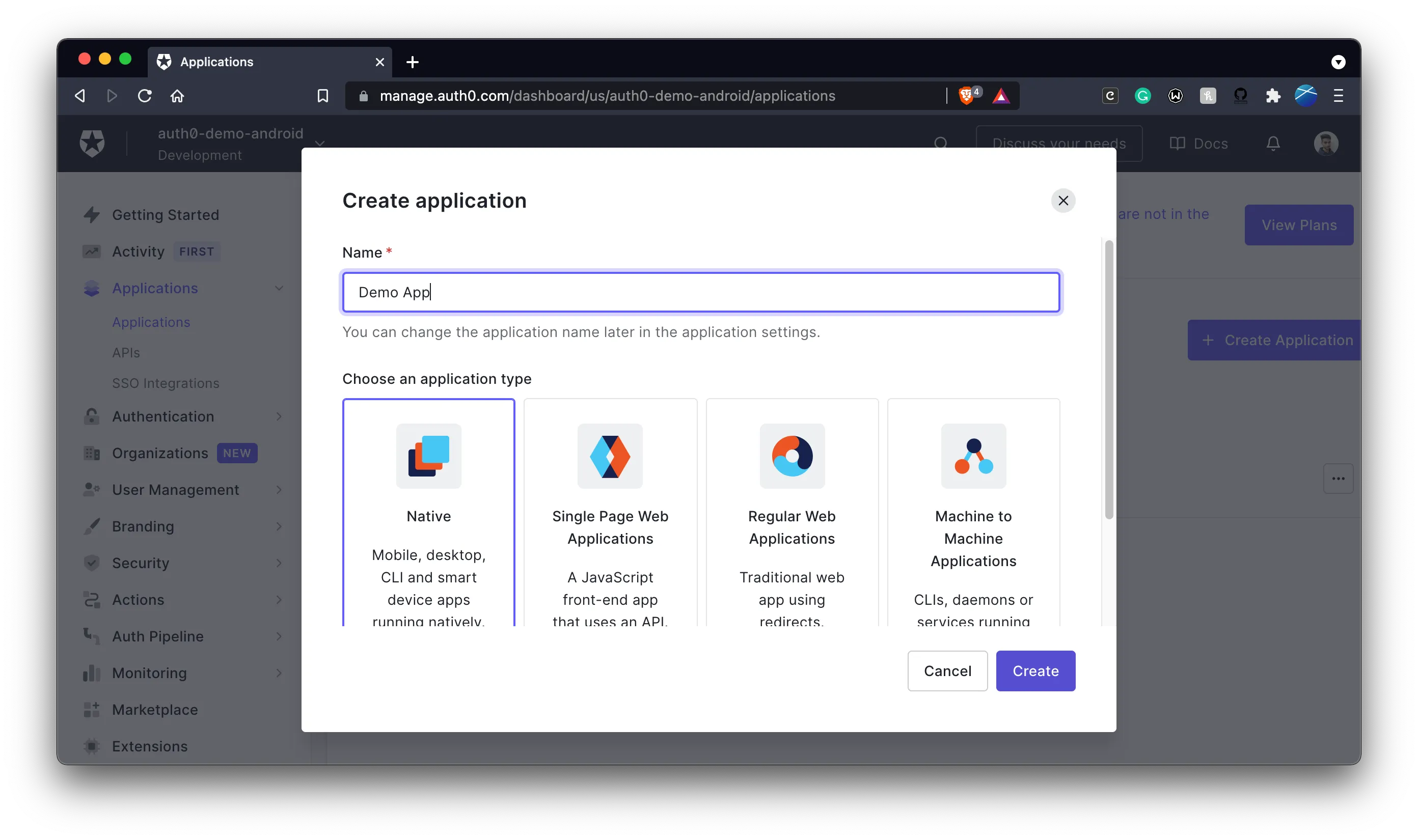 Creating a new app in auth0 dashboard
