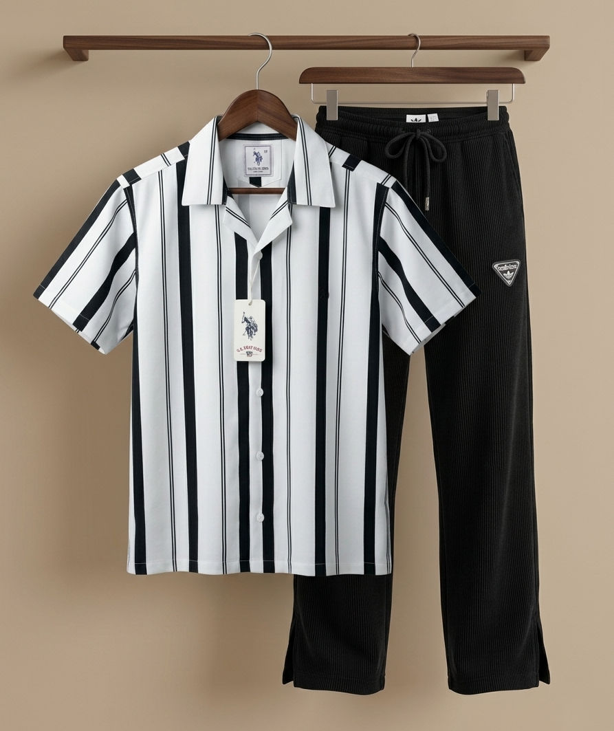 Premium Stripe Shirt & Black Baggy Pant