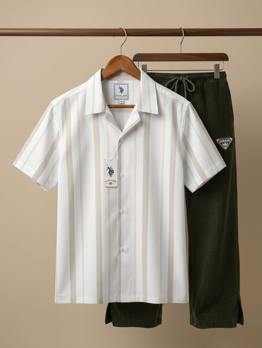 Premium Stripe Shirt & Olive Baggy Pant