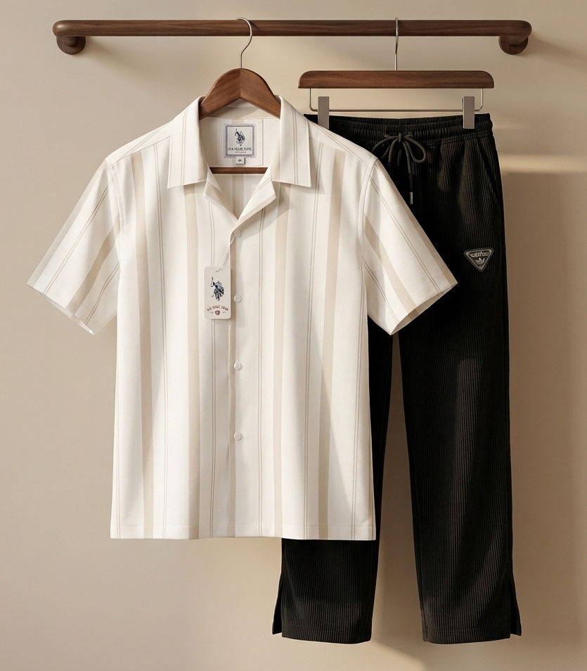 Premium Stripe Shirt & Black Baggy Pant