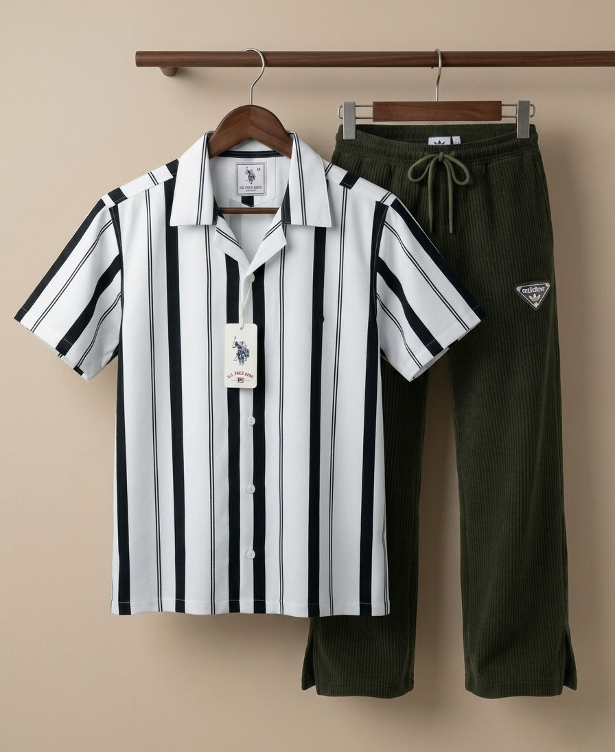 Premium Stripe Shirt & Olive Green Baggy Pant