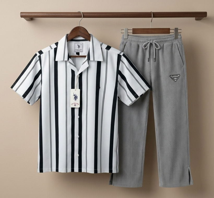 Premium Stripe Shirt & Gray Baggy Pant