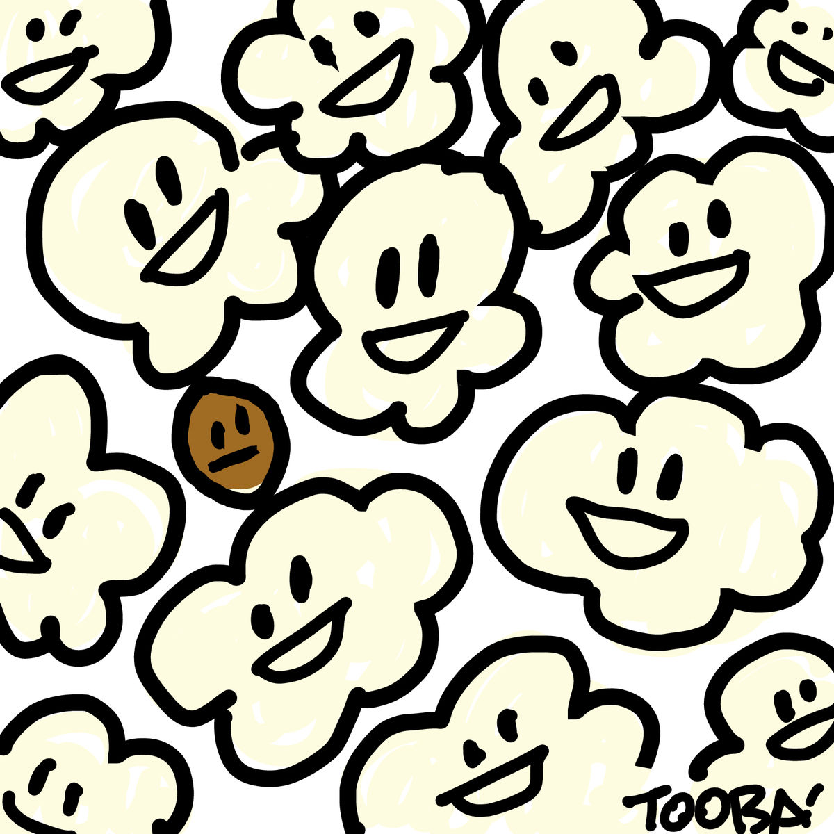 Drawing of many small popcorn pieces, each with a little face