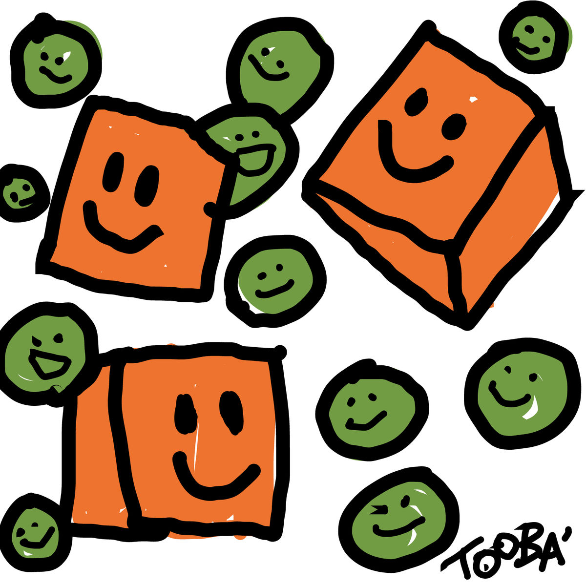 Drawing of a scatter of peas, each with a small face