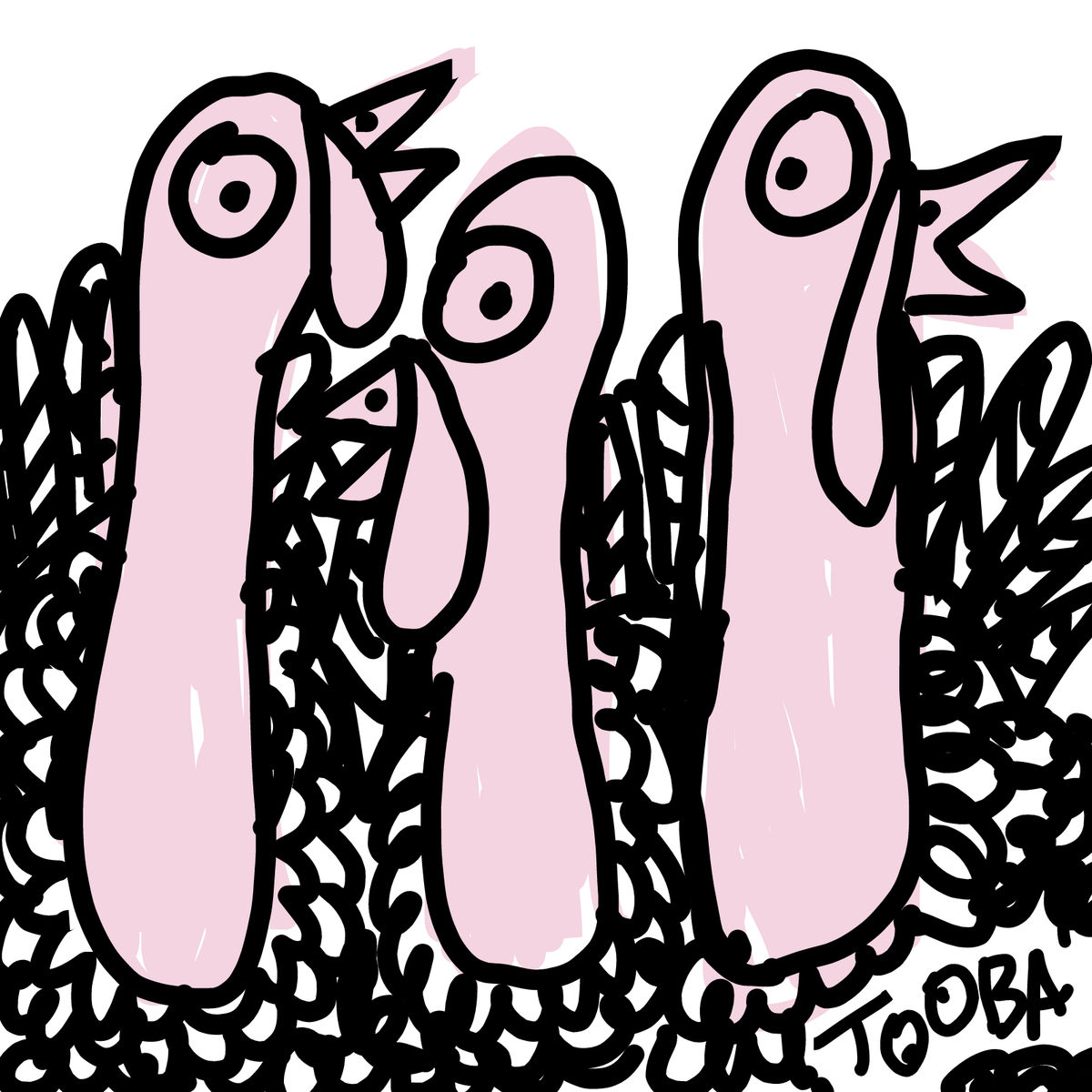 Drawing of a group of turkeys crowded together