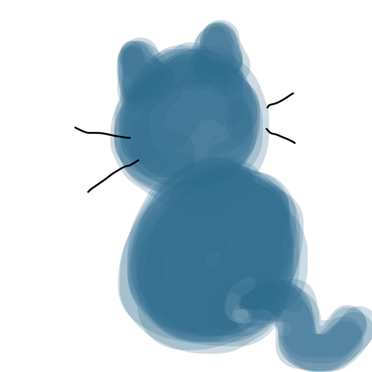 Blue painted drawing of a cat seen from behind