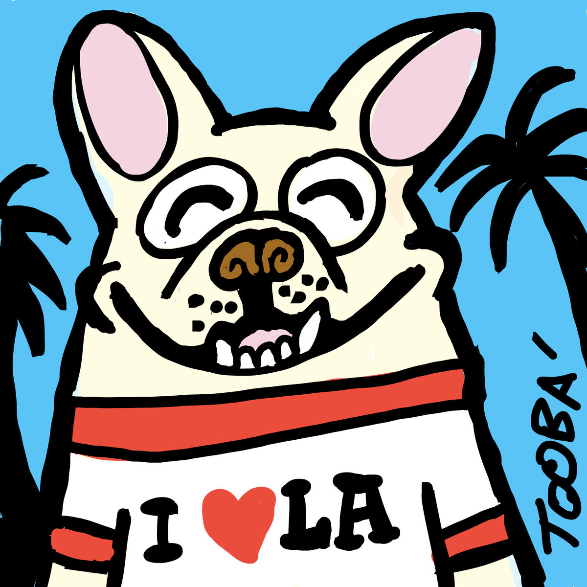 Cartoon drawing of a French bulldog on a blue background with palm trees and the letters LA