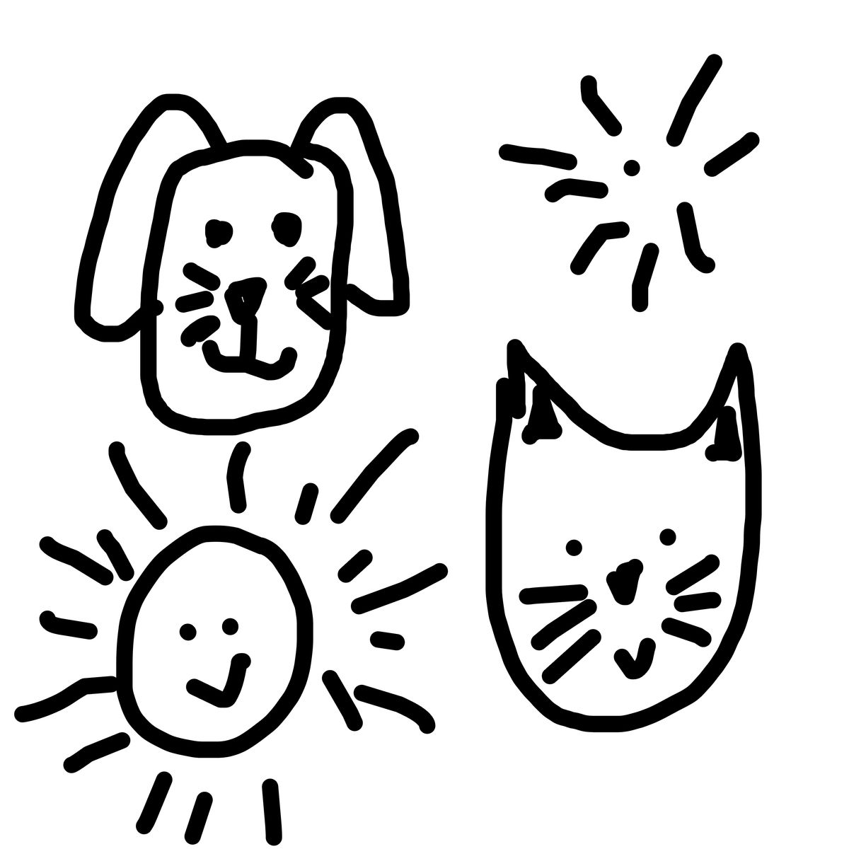 Childlike black ink drawing of a smiling sun, a dog face, and a cat face