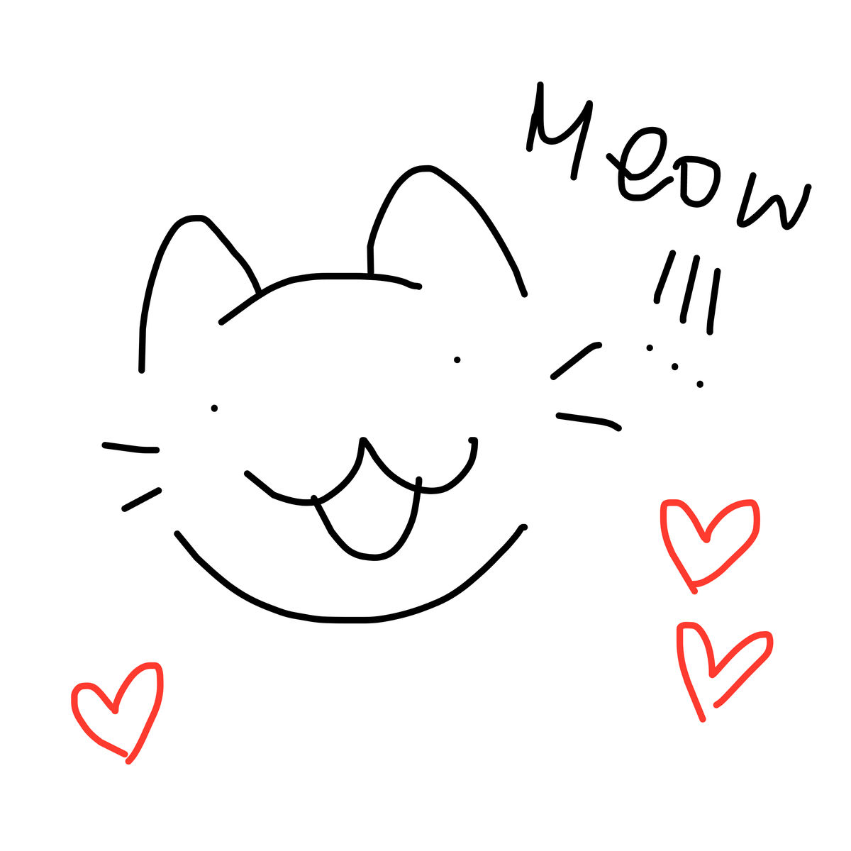 Crude black ink drawing of a cat with the word MEOW and small hearts
