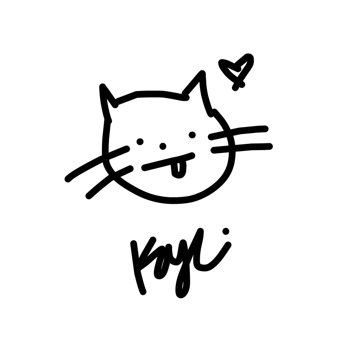 Crude black ink drawing of a cat face with a small heart above it