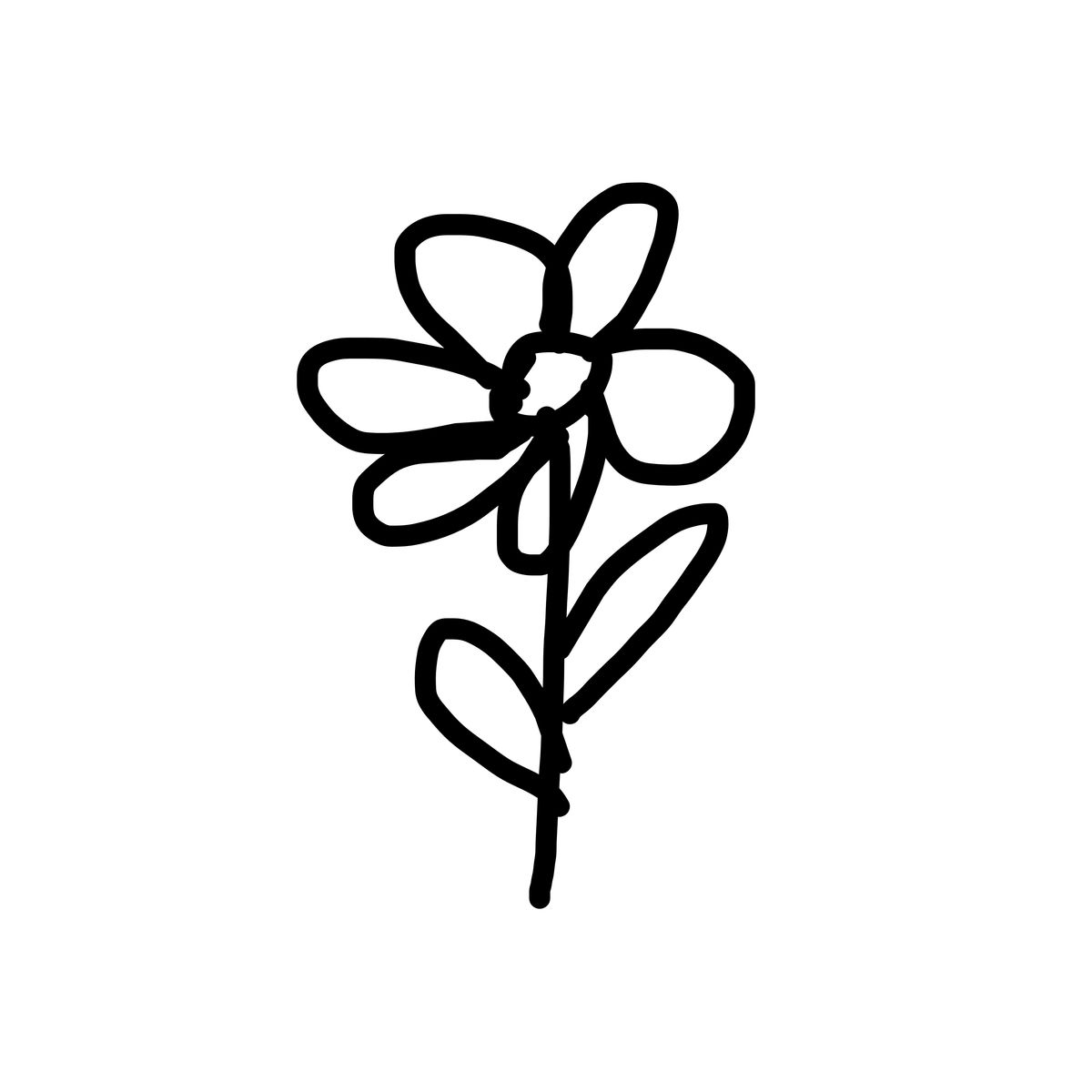 Crude black ink line drawing of a single flower on a stem