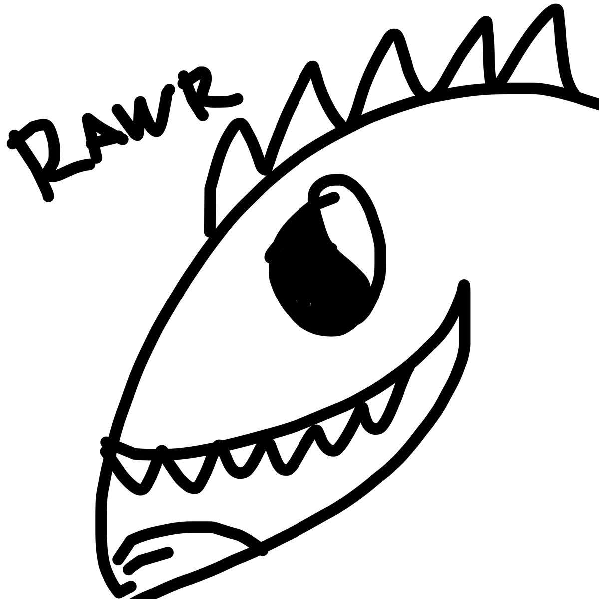 Crude black ink drawing of a spiky open-mouthed monster with the word RAWR above it