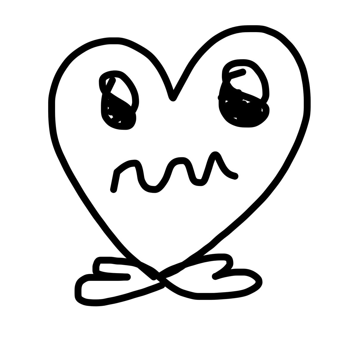 Crude black ink drawing of a heart-shaped face with two little feet