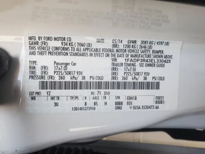 WHITE, 2014 FORD FOCUS ELECTRIC Image 27