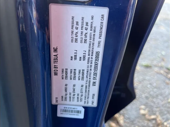 BLUE, 2019 TESLA MODEL 3 Image 20