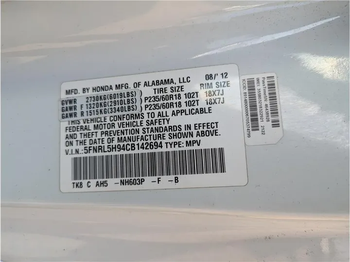 WHITE, 2012 HONDA ODYSSEY Image 29