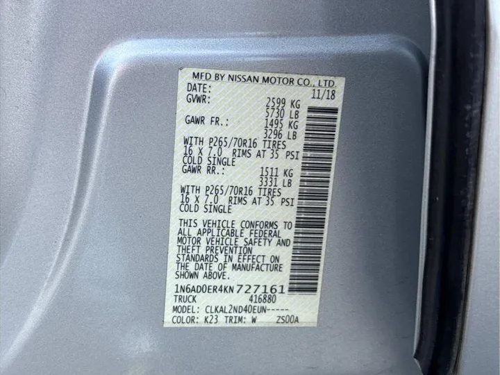 SILVER, 2019 NISSAN FRONTIER CREW CAB Image 19