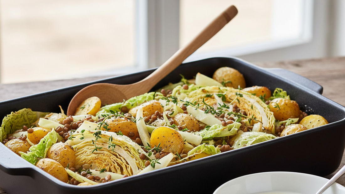 Ofen-Wirz mit Kartoffeln und Linsen