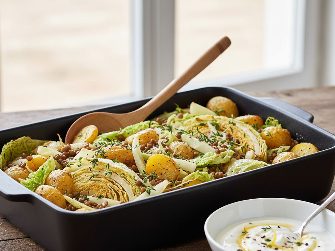 Ofen-Wirz mit Kartoffeln und Linsen