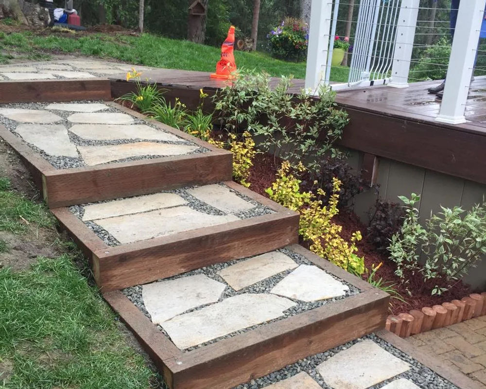 Decorative concrete walkway through a residential landscape, Anchorage Alaska