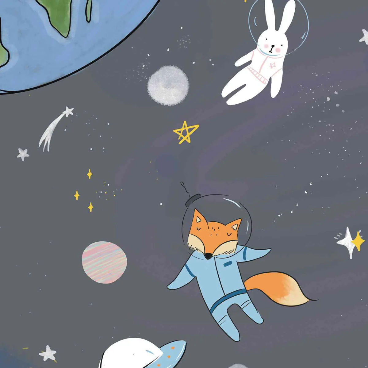 Vinyl panoramic wallpaper Space Animals - Foncé — Wall Dreamer