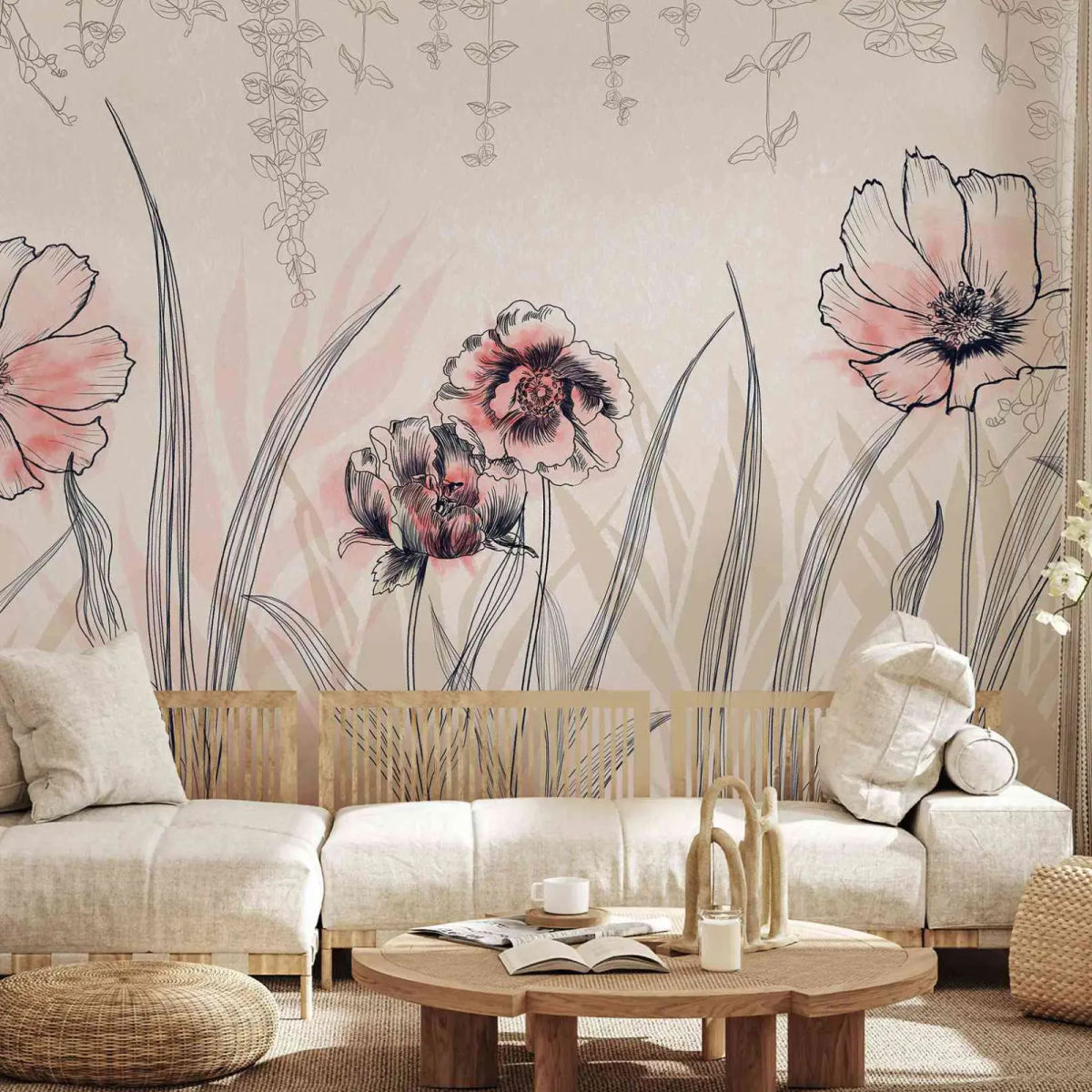 Panoramic wallpaper Flowers Beige — Wall Dreamer