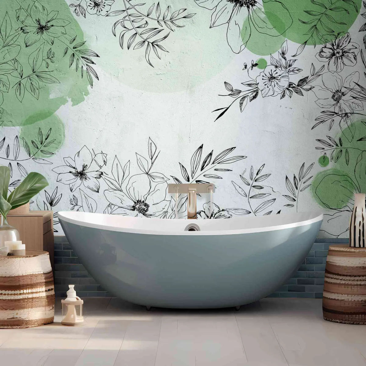 Panoramic wallpaper Fleurs et Pigments Green — Wall Dreamer