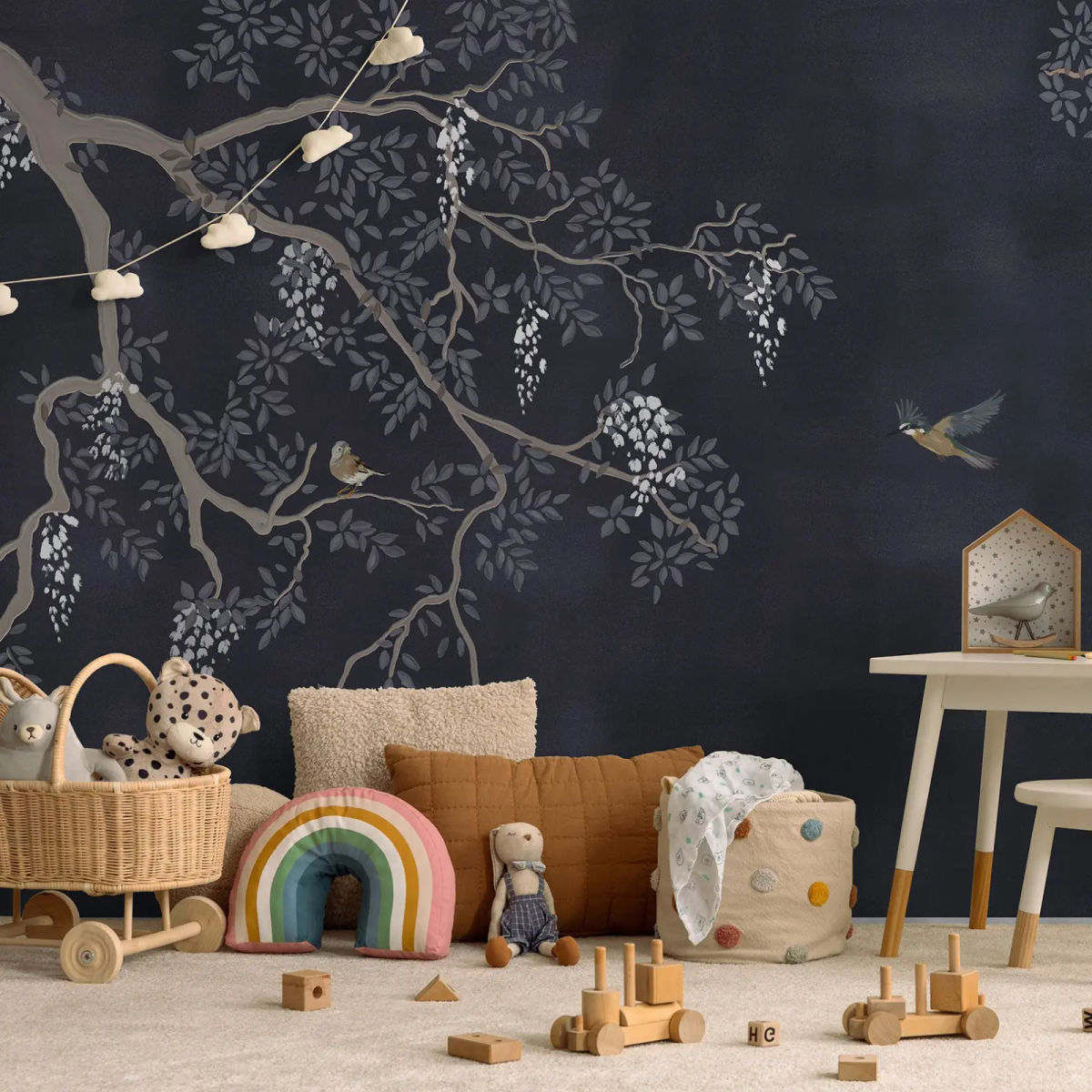 Panoramic wallpaper Blooming Tree - Bleu — Wall Dreamer