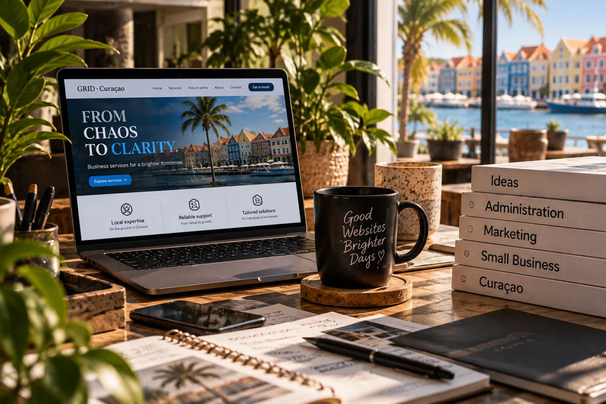 A laptop, a coffee mug and a stack of books on a sunny desk.