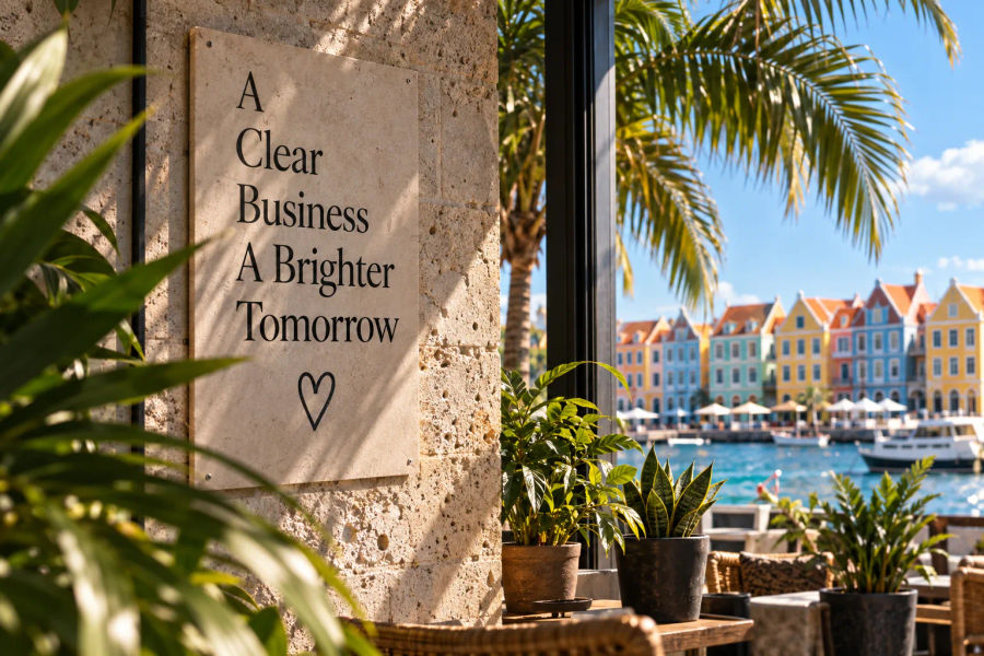 A stone sign on a wall beside a window onto the colourful waterfront.