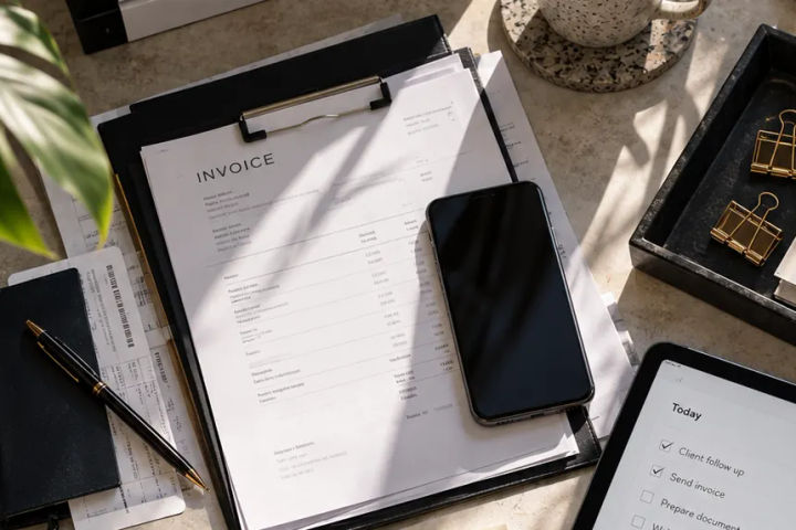 Documents, a coffee and a tablet laid out on a desk.