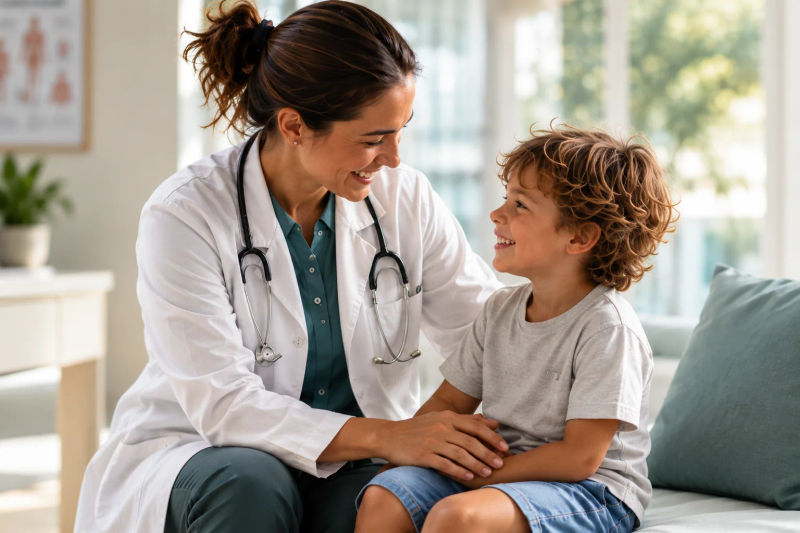 A doctor listening to a young child's chest.