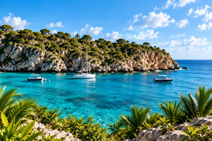 Boats anchored in a turquoise cove in Curaçao.