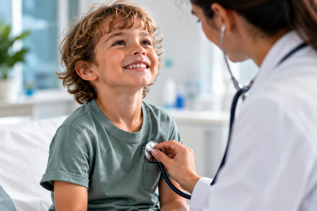 A smiling boy while a doctor listens to his chest.