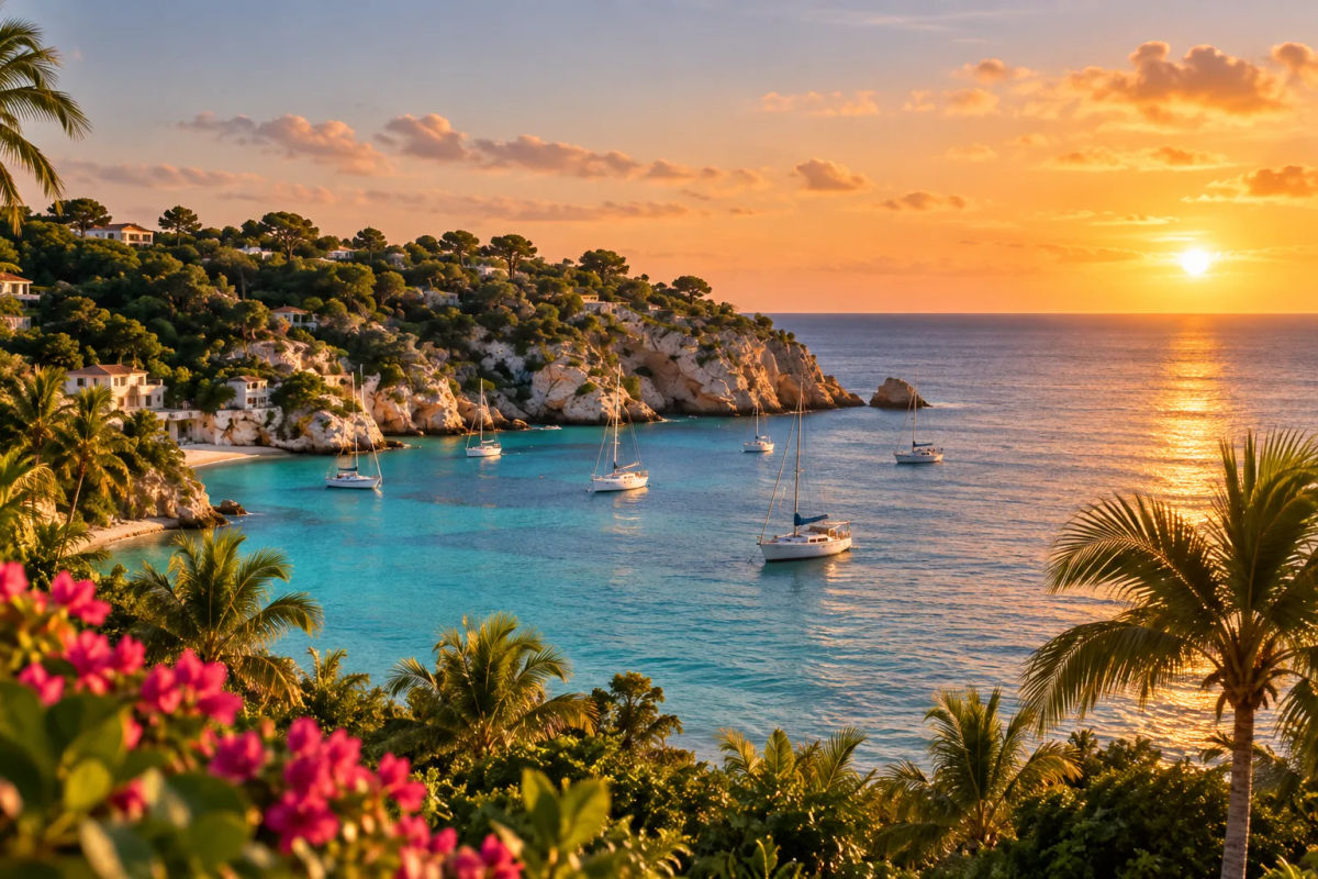 Sunset over a cove with sailing boats.