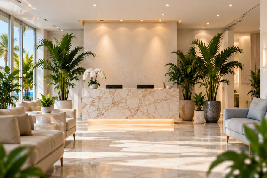 A bright reception area with plants and soft seating.