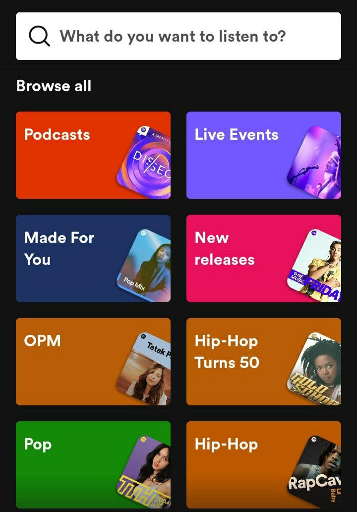 Spotify's genre browser before our Alternative Rock transformation