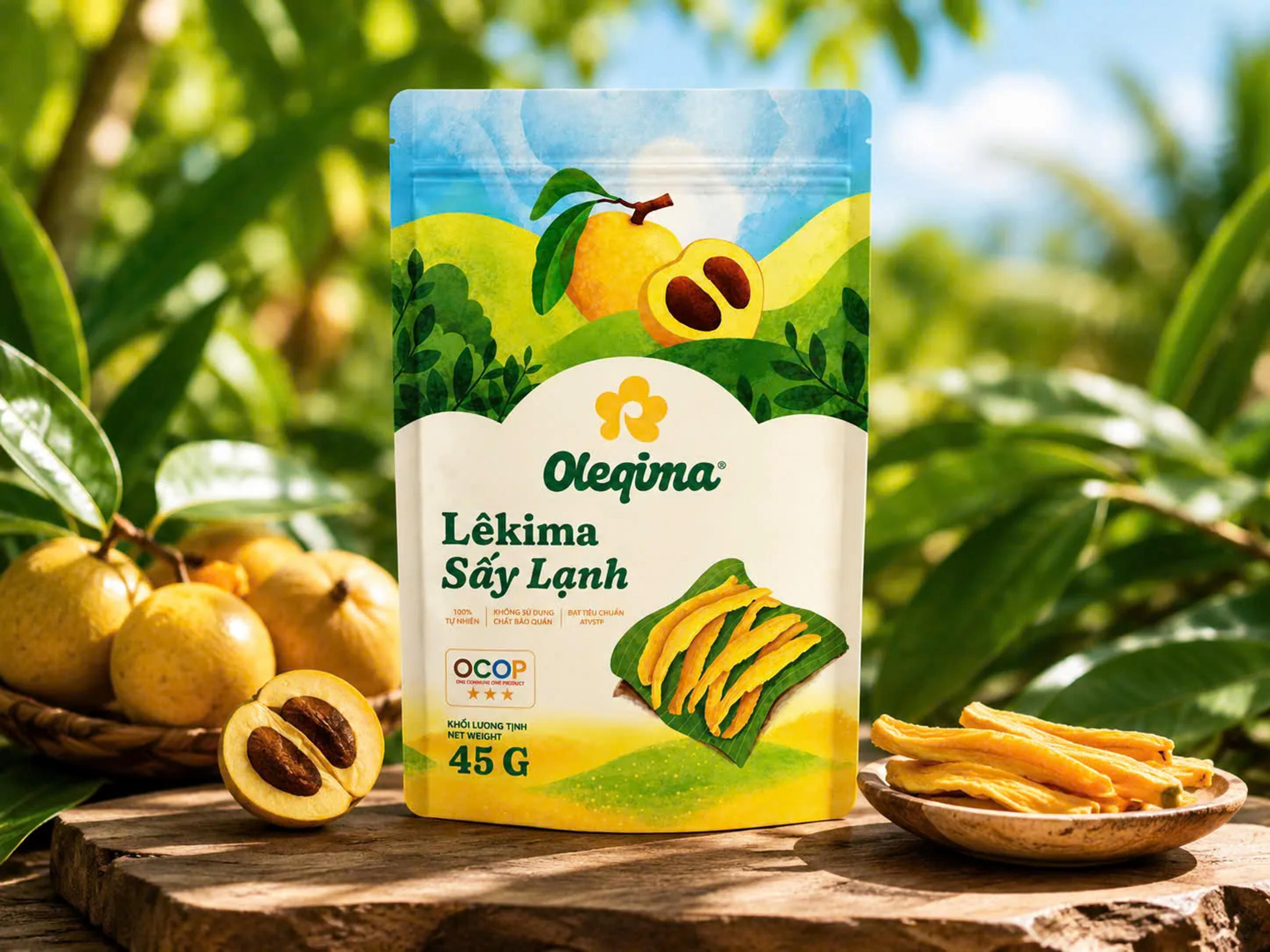 Túi Lêkima Sấy Lạnh OLEQIMA bên rổ quả lêkima tươi
