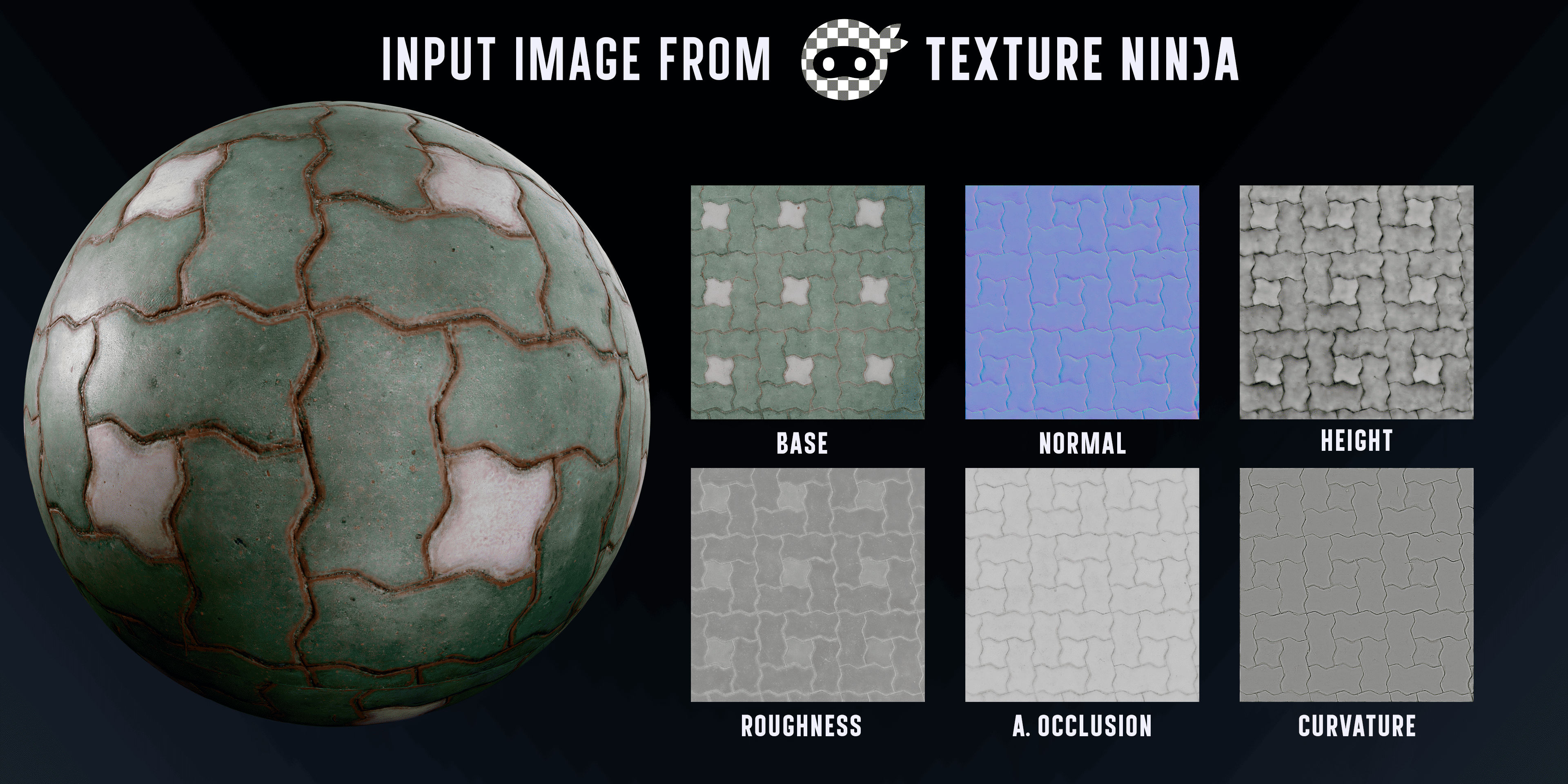 PBR Maps Showcase - Single input photo split into 6 different PBR maps with labels