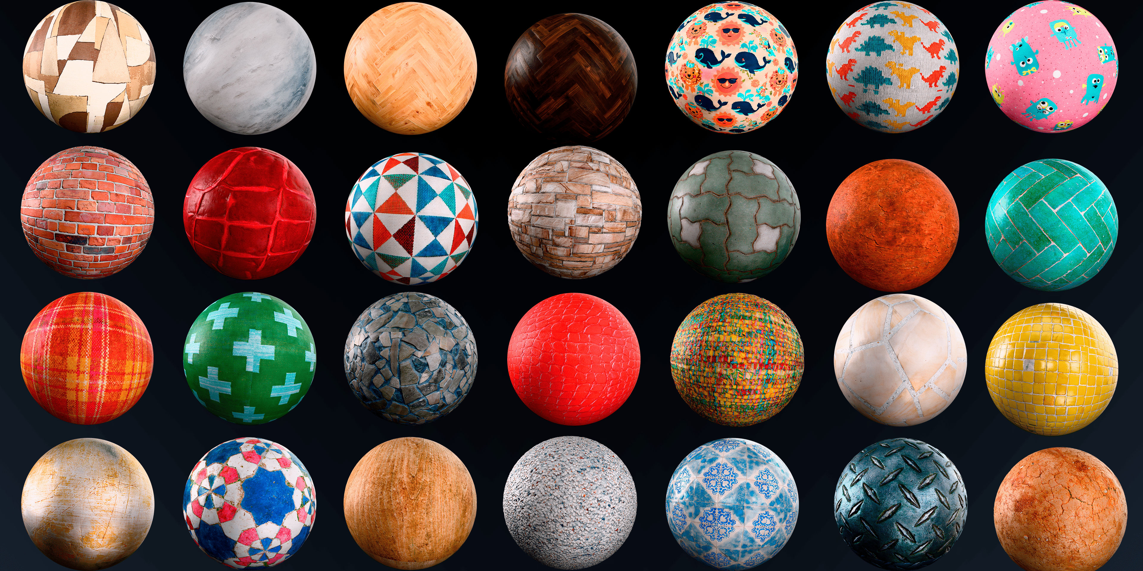 Material Types Gallery - Grid showing different material types: Wood, Metal, Concrete, Fabric, Stone - each with original photo and final 3D render