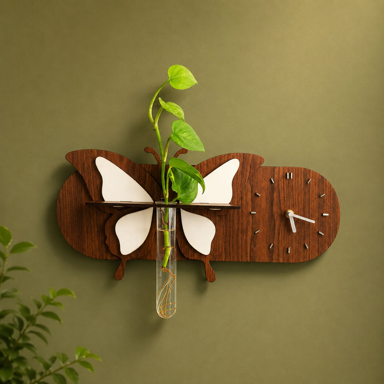Butterfly Wooden Wall Clock with Plant Holder