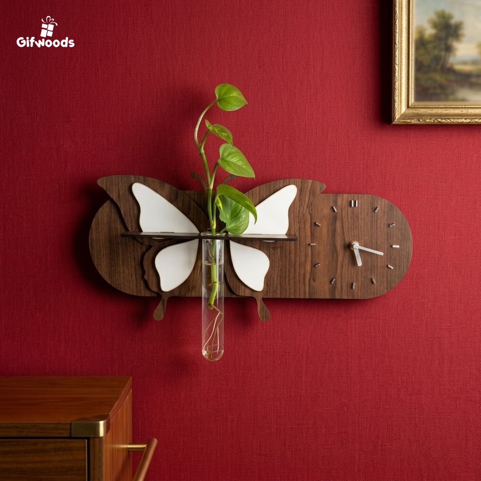 Butterfly Wooden Wall Clock with Plant Holder - 4