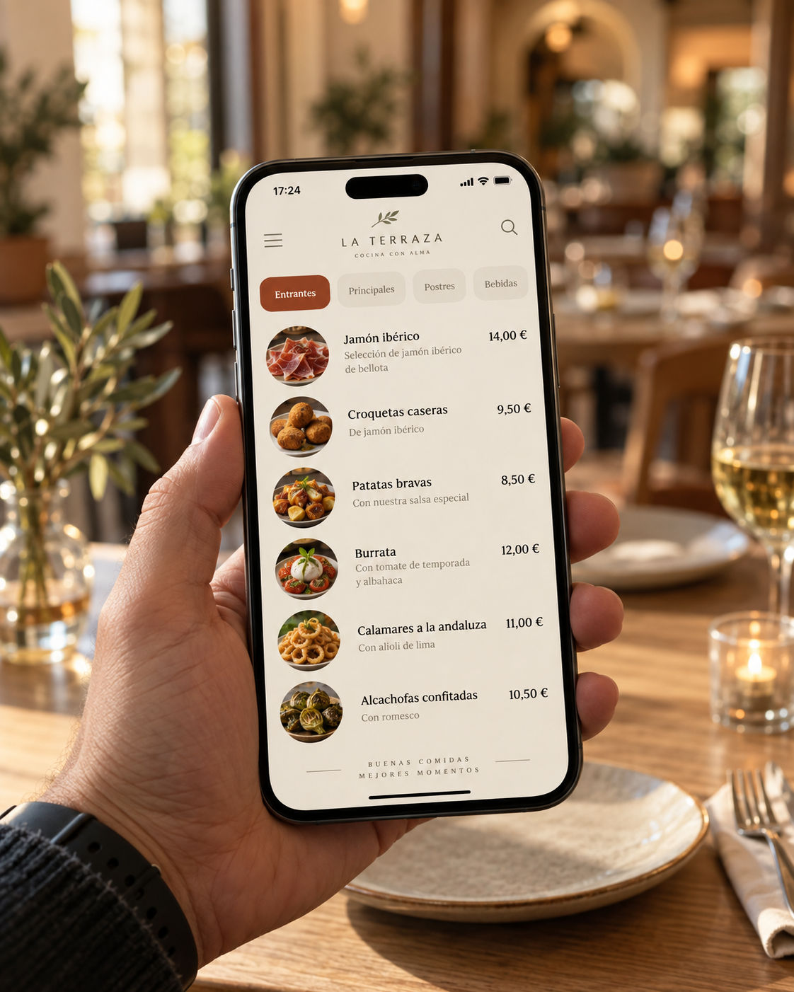 Carta de restaurante en el móvil con la barra de categorías fija en la parte superior y la categoría activa marcada