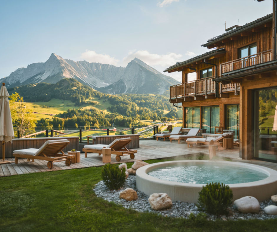 Luxury biohacking suite with red light therapy and panoramic views